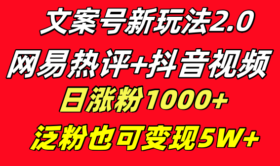 （8484期）文案号新玩法 网易热评+抖音文案 一天涨粉1000+ 多种变现模式 泛粉也可变现-狂神云浏览专注活动，软件，教程分享！总之就是网络那些事。